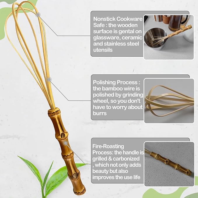 Wooden Whisk, Handcrafted Bamboo Whisks for Cooking Non Scratch, Balloon Whisk for Pancake Batter, Eggs and Sauces, Wooden Whisks Tool For Nonstick Cookware Pans, Bamboo Cooking Utensils (Big Whisk)