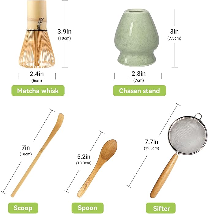 Traditional Matcha Tea Whisk Set with Bamboo Chasen, Ceramic Holder, Scoop, Spoon, Strainer, 5 Piece Japanese Ceremony Kit matcha whisk