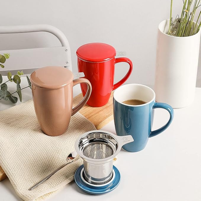 Sweejar Porcelain Tea Infuser Mug with Lid, 16 oz Teacup with Strainers for Loose Leaf Tea, Microwave and Dishwasher Safe Coffee Mug(Red)