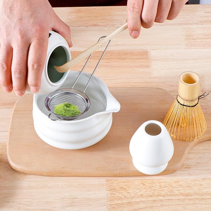 Matcha Whisk Set, 5 Pcs Matcha Set Whisk and Bowl with Spout, Matcha Whisk Holder, Matcha Spoon, Stainless Sifter, Perfect Matcha Kit for Matcha Lover (White)