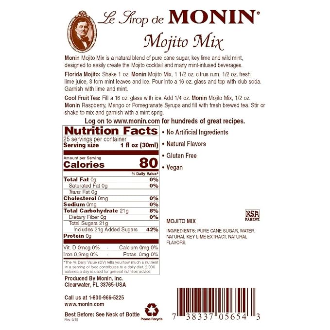 Monin - Mojito Mix Syrup, Sweet Herbal Mint Flavor, Great for Frozen Cocktails, Mocktails, & Delicious Desserts, Gluten-Free, Vegan, Non-GMO (750 ml) - Image 2