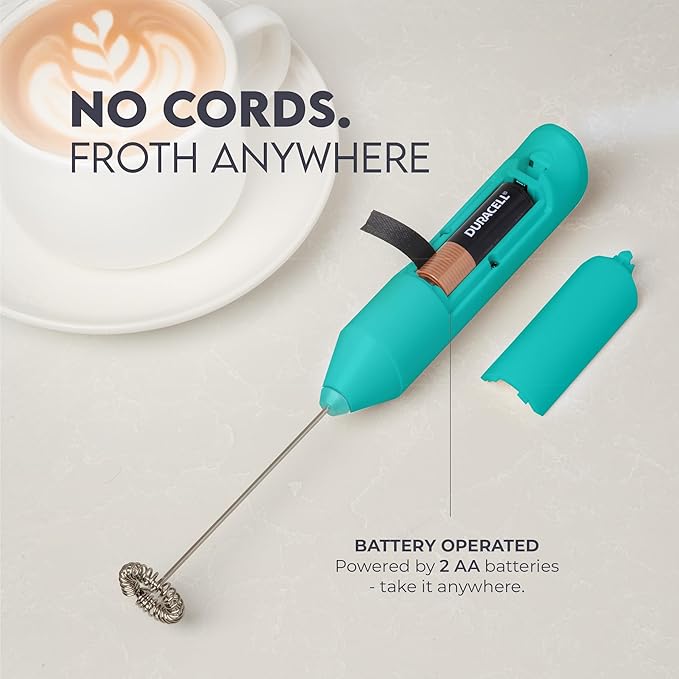 Zulay Kitchen Powerful Milk Frother Wand - Handheld Stainless Steel - Battery Operated Drink Mixer for Coffee, Lattes, Cappuccino, Matcha - Froth Mate Frother Gift - Aqua