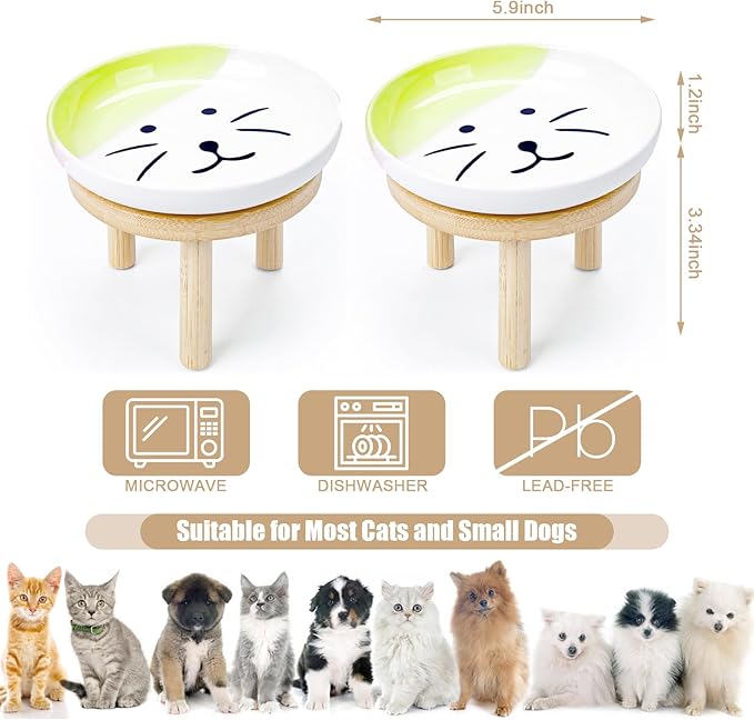 Shallow Elevated Cat Bowls with Bamboo Stand, 5.9 Inch Wide Ceramic Cat Dish Whisker Friendly, 2 Pack Pet Food and Water Plates