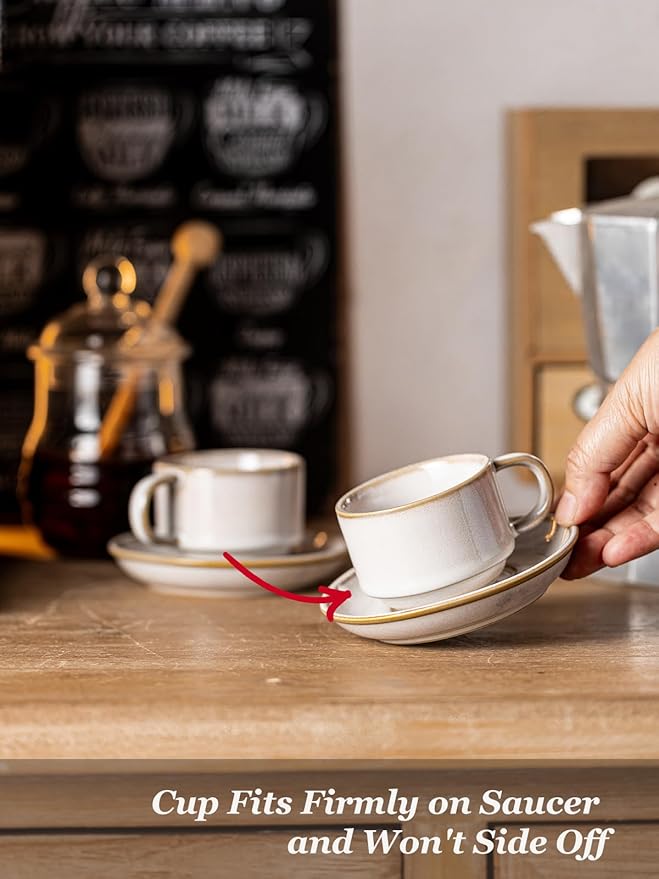 Gomakren 2.5 Ounce Espresso Cups Set of 4, Small Stackable Coffee Cups with Saucers and Metal Stand, Valentine Porcelain Demitasse Cups for Specialty Coffee Drinks, Espresso, Cappuccino, Latte, White