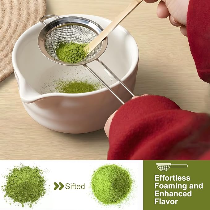 YOLIFE 7 Pcs Matcha Whisk Set, Includes Matcha Bowl with Spout, Bamboo Whisk (Chasen) with Ceramic Holder, Scoop and Powder Spoon, Sifter, Matcha Kit for Ceremony (White)