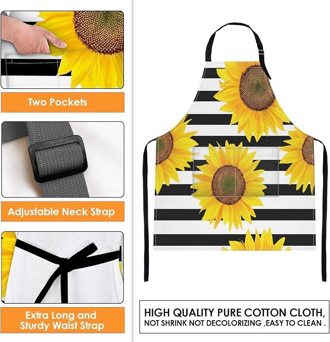Britimes Apron with Pockets, 32x28 inch, for Women Men, Black White Flower | Sunflowers Striped Waterproof Adjustable Bib Aprons for Kitchen Cooking Baking Painting Gardening - Image 4