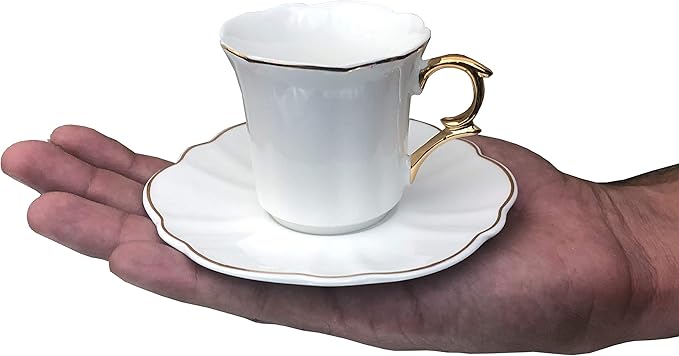 BTaT- Turkish Coffee Cup Set, 3 oz, 6 Set (12 pcs), Elegant White Cups & Saucers with Gold Trim, Small Porcelain Espresso Set for Serving Greek, Arabic & Turkish Coffee, Gift Giving