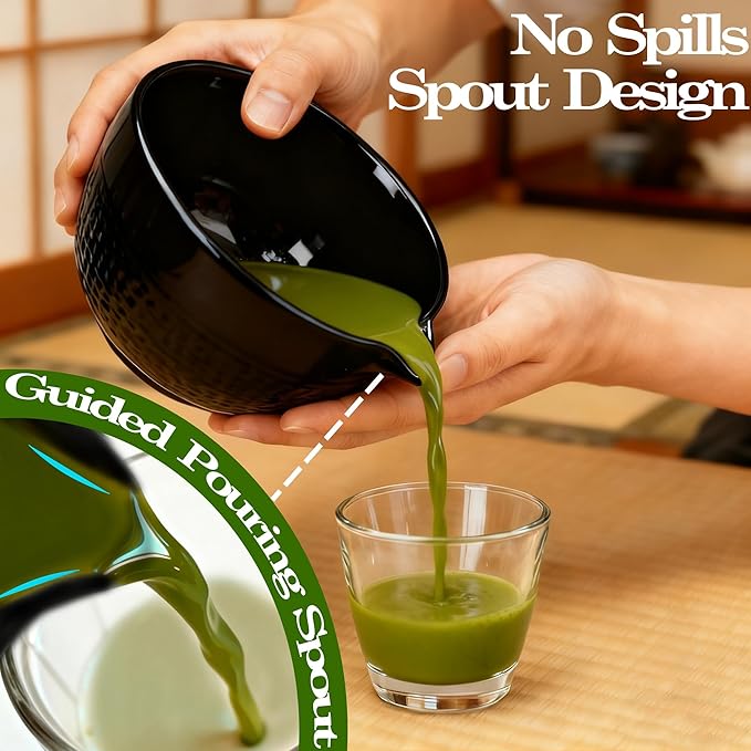 Matcha Bowl with Spout, Traditional Ceramic Matcha Tea Bowl Japanese Ceremonial Chawan for Whisking Mixing & Daily Use, 18oz/500ml Black