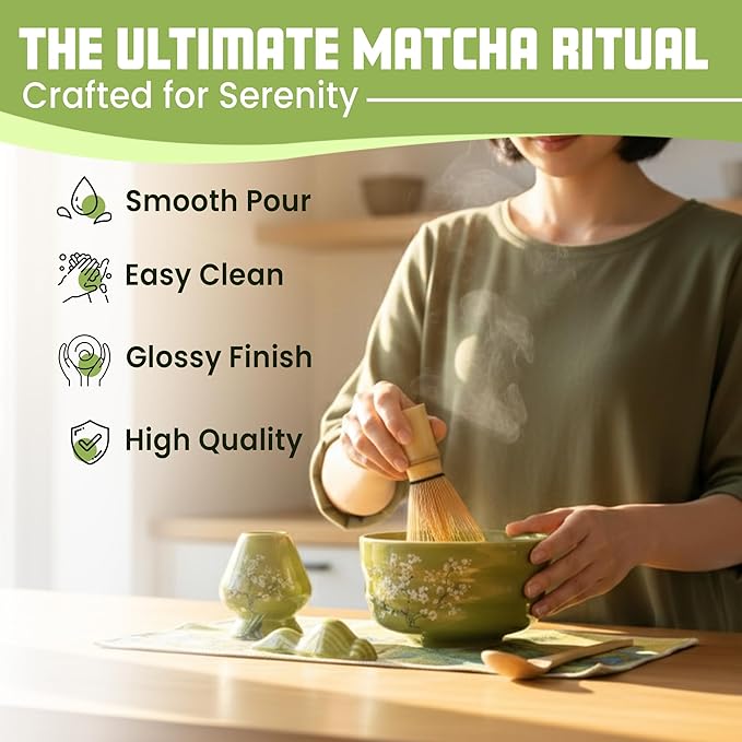 Matcha Whisk Set – 8-Piece Japanese Tea Ceremony Kit with Ceramic Bowl, Bamboo Chasen, Spoon Rest, Scoop, Sifter, Holder & Towel, Authentic Matcha Starter Set for Tea Lovers