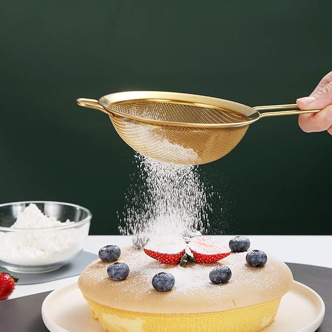 Kyraton Gold Fine Mesh Strainer 3 Pieces Set, Golden Flour Sifter For Baking, Stainless Steel Clander, Matcha Tea Strainer, Gravy Separator, Stasher Sieve Pasta Strainers