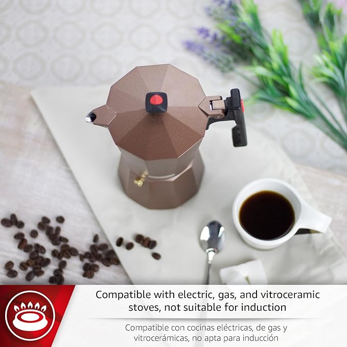 Magefesa Colombia Brown Stovetop Espresso Moka Pot, 6-Cup/10 oz, Italian Coffee Maker for Cuban Coffee, Extra-Thick Aluminum, Heat-Resistant Handle, Safe & Easy-to-Use, Greca Coffee Maker