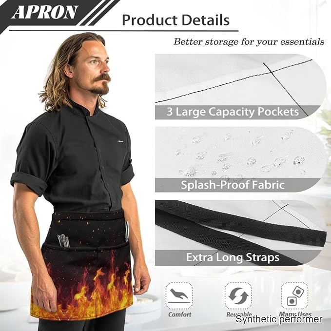 Waist Apron with 3 Pockets Waterproof 13 Inch Short Half Waist Aprons Women Men Server Aprons Waitress Waiter Apron - Image 6