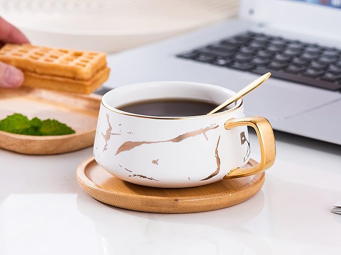 Jusalpha 10 oz Luxury Golden Hand Print Teacup Coffee Cup with Bamboo Saucer Set TCS19 (2 Sets, White)