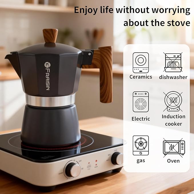 Stovetop Espresso Moka Pot Coffee Maker, Non-slip Wood Grain Handle, Cast Aluminum, Compatible with Gas, and Electric Stoves (Black, 12 cups)