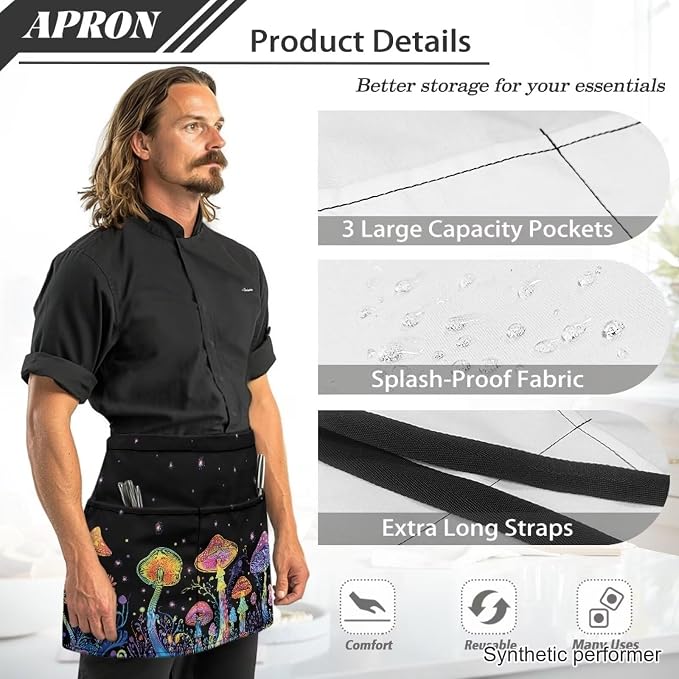 Waist Apron with 3 Pockets Waterproof 13 Inch Short Half Waist Aprons Women Men Server Aprons Waitress Waiter Apron - Image 6
