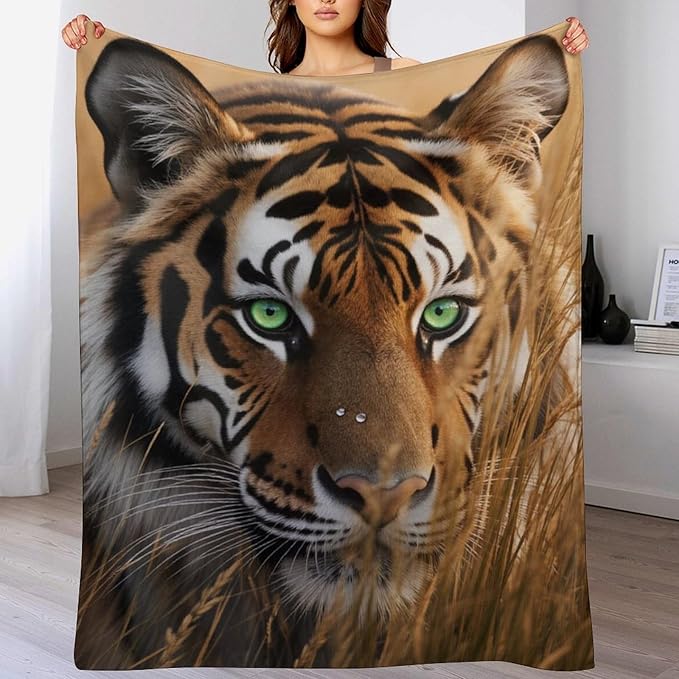 Beautiful Tiger Animal Nature Forest Super Soft Throw Blanket, Rustic Grass Brown Flannel Fleece Decorative Throw for Sofa Couch Bedroom Decor Outdoor Use 60"x80"