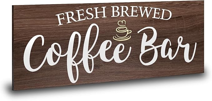Rustic Coffee Bar Sign Wall Decor - Vintage Wood Grain Hanging Plaque for Kitchen, Cafe Bar Home Housewarming - Farmhouse Style Coffee Station Accessories, Self Serve Fresh Brewed Sign - 13.7x5.9 Inch