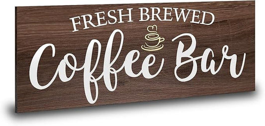Rustic Coffee Bar Sign Wall Decor - Vintage Wood Grain Hanging Plaque for Kitchen, Cafe Bar Home Housewarming - Farmhouse Style Coffee Station Accessories, Self Serve Fresh Brewed Sign - 13.7x5.9 Inch