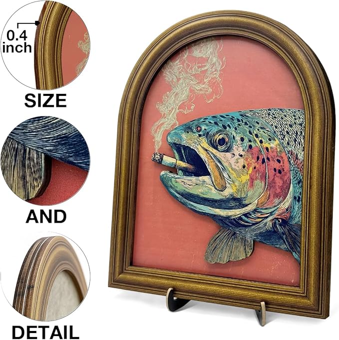 3D Funny Vintage Trout Wall Art Sign, Retro Whimsical Trout Fish Animal Decor Sign for Home Bar Man Cave Desk Wall Shelf Decor 8x10 Inch
