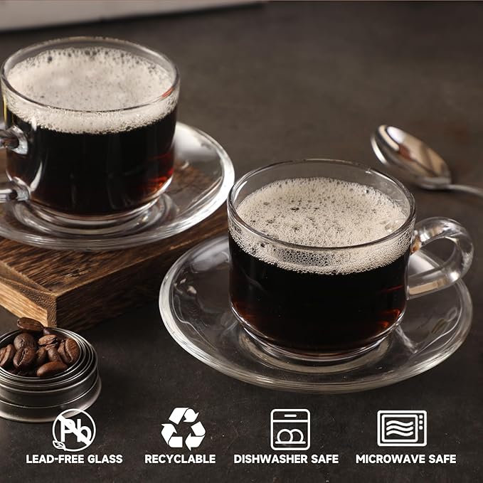 Glass Tea Cups and Saucers Set of 6, Clear Coffee Mugs with Stainless Steel Spoon, Dishwasher & Microwave Safe Teacups for Espresso Cappuccino Latte Tea Juice, 6OZ/180ML