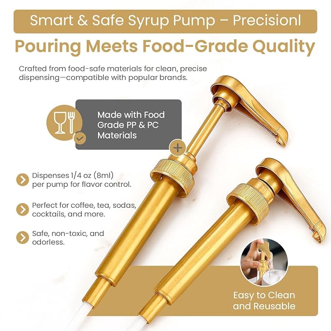 12-Pack Gold Plastic Bottle Syrup Pumps – Fits 750ml / 25.4 oz Bottles – Compatible with Torani & More – IMPORTANT: Will Not Fit Glass Bottles – Coffee Syrup Dispenser. - Image 2