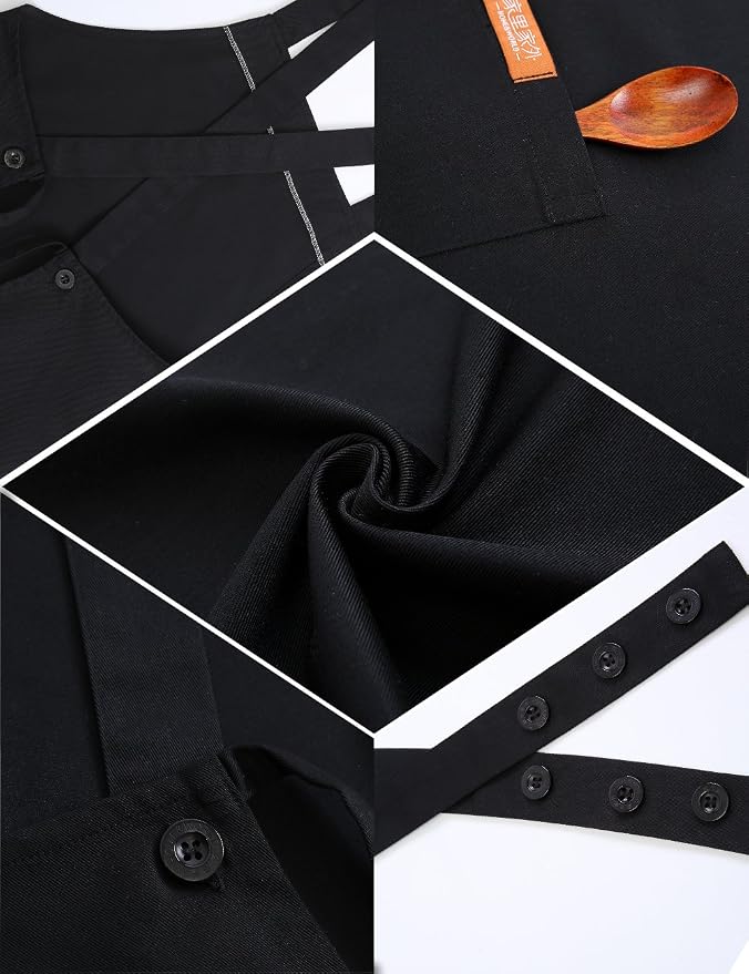 NEWGEM 100% Cotton Cross Back Apron for Women with 2 Pockets - Adjustable Button Straps Pinafore, No Neck Pain Kitchen Chef Apron for BBQ Grilling, Professional Stylist (Black) - Image 6