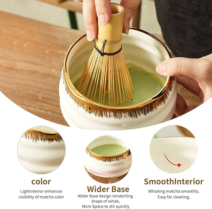 Matcha Whisk Set: Includes Bamboo Whisk, Matcha Bowl, Cute Stand, Bamboo Scoop, Scoop Rest, Sifter and Tea Towel — 7-Piece Matcha Kit with Golden Texture Details, a Favorite for Matcha Lovers (White)