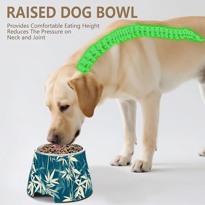 Teal bamboos White Dogs Feeding Bowls Non Skid Stainless Steel Raised Cat Bowls for Slow Feed Dogs Whisker Relief