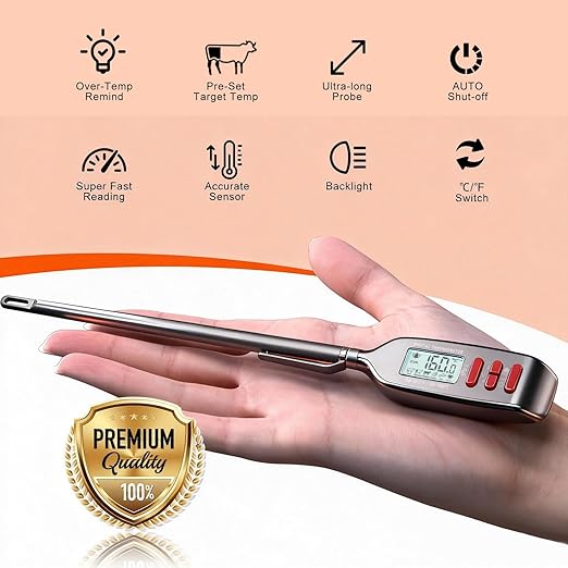 Antonki Meat Thermometer Digital, Smart Instant Read Food Thermometer with Super Long Probe for Cooking Grilling Baking Kitchen Candy BBQ Oil Liquid, Backlit Display, Battery Included