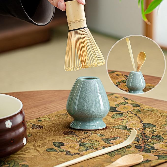 Traditional Japanese Matcha Tea Whisk Set, 4 Piece Bamboo Ceremonial Kit with Ceramic Holder (Geyao Blue)