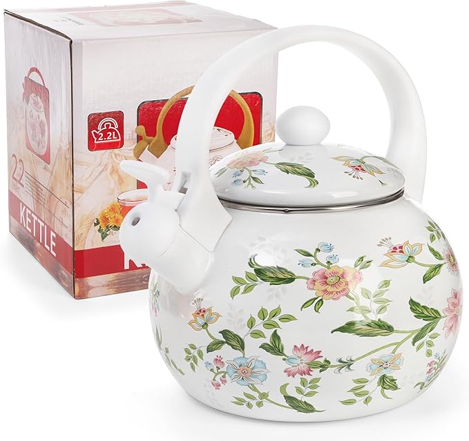 Jucoan 2.3 Quart Vintage Enamel Tea Kettle, Whistling Tea Kettle for Stove Top, Floral Enamel on Steel Teakettle Teapot for Home Kitchen Camping, Gift for Wedding Housewarming Thanksgiving Christmas