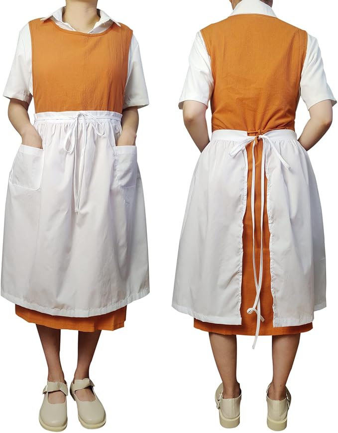 Unisex Chef Aprons White Retro Cotton Maid Short 2 Pockets Waist Waiter Waitress Half Apron - Image 4