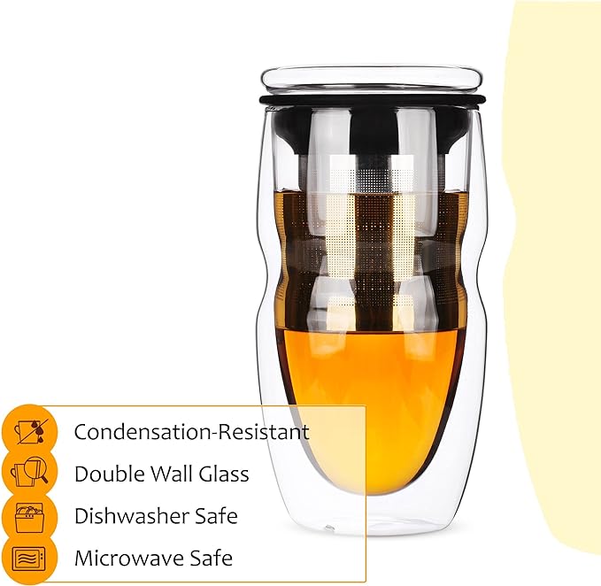 BTaT- Double Wall Glass Tea Cup With Stainless Steel Infuser and Lid, 16 oz, Borosilicate Glass Tea Mug Infuser, Gifts for Tea Lovers
