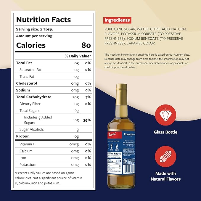 Torani Coffee Syrup, Peanut Butter Flavoring for Drinks, Glass Bottle with Pump Included, 25.4 Fl Oz