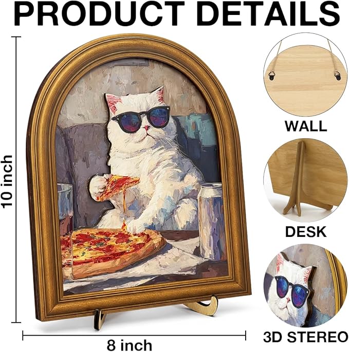 3D Funny Pizza Cat Wall Art Sign for Kitchen Decor, Cool Sunglasses Cat Portrait Decor, 8x10 Inch