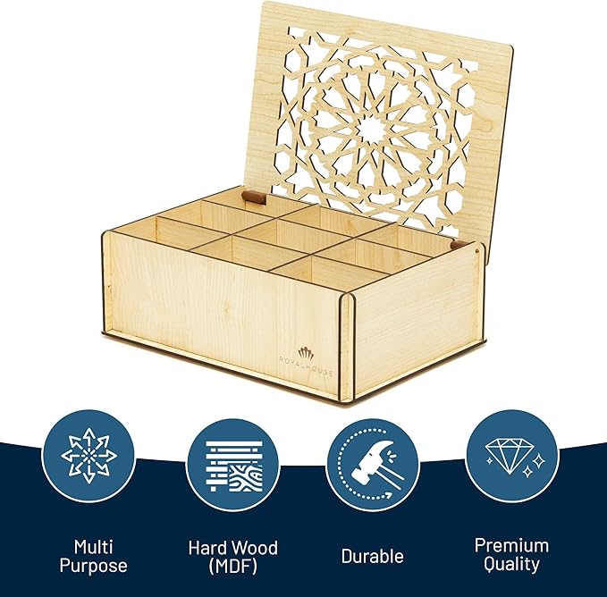 RoyalHouse Premium Wood (Hard MDF) Tea Storage Box Organizer (White), Eco-Friendly Multi-Functional Decorative Box, 9 Compartments For Assorted Variety Of Tea Bags and Small Items