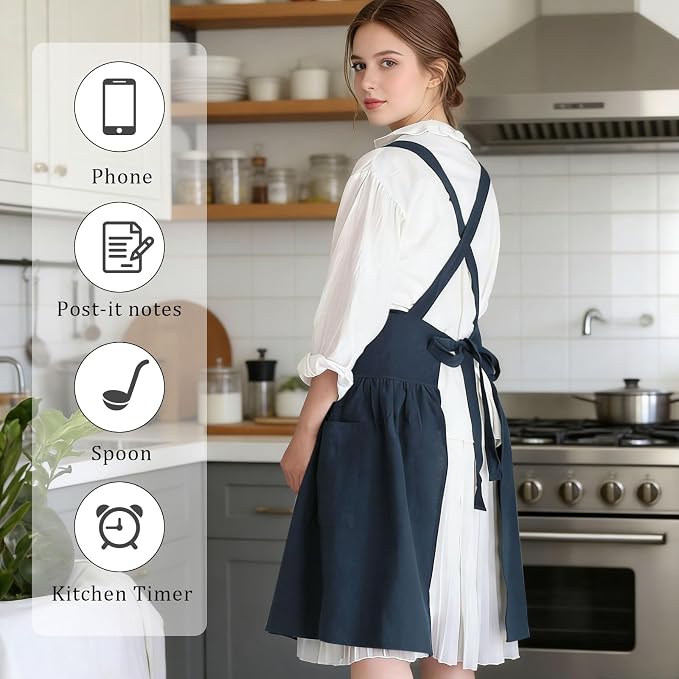 Cotton Linen Cross Back pinafore Apron Dress for Women with Pockets for Cooking Cleaning - Crossback Apron - Blue - with Waist Ties - Image 4