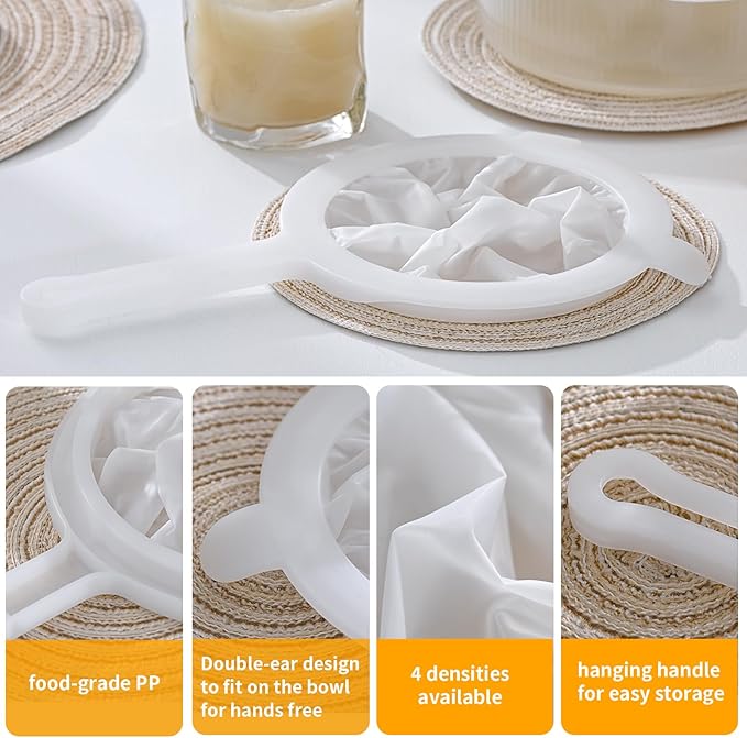 Premium Multi-Mesh Strainer Set, 4 Pack - 100/200/300/400 Mesh, Nylon & Plastic Fine Mesh Sieve for Tea, Coffe, Nut Milk, Juice, Broth, Smoothies, Reusable & Easy to Clean, Durable,Dishwarer Safe