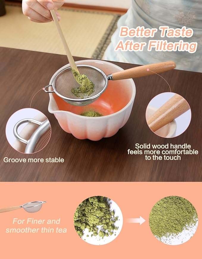 Matcha Whisk Set, 7 Pcs, Matcha Kit Includes Matcha Bowl, Matcha Whisk and Holder, Bamboo Scoop, Spoon, Sifter and Tea Towel, Matcha Set, Gift for Matcha Lovers & Beginners (Gradient Orange)