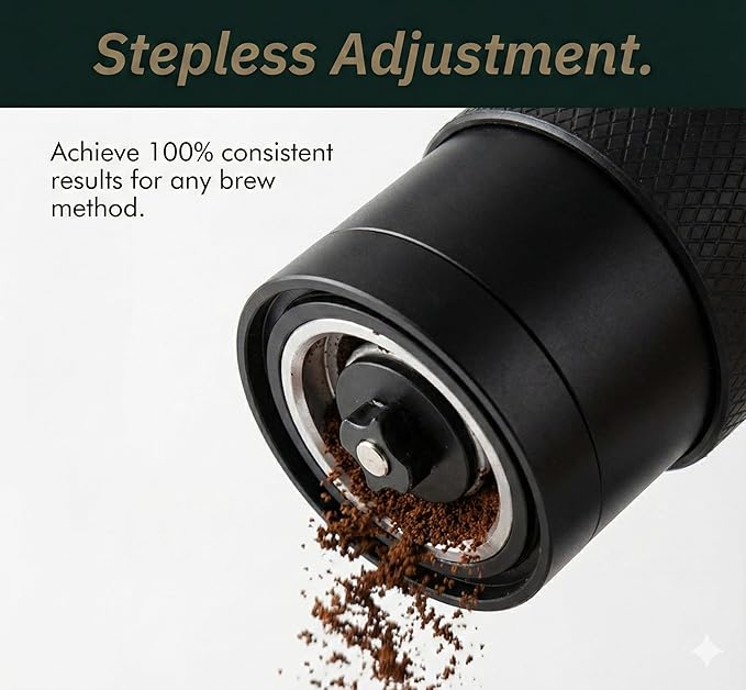 Manual Coffee Grinder with Ceramic Conical Burr - AeroPress Compatible Hand Coffee Mill with Click-Lock Stepless Adjustment | Portable Precision Molino de Cafe for Camping, Home & Travel