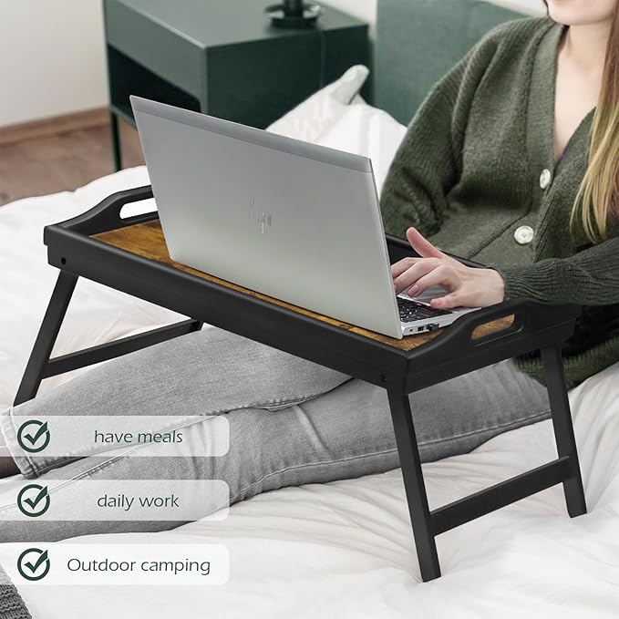 Tray Table for Bed, Bamboo Breakfast Serving Tray with Folding Legs and Handles, Laptop and Snack Bed Table with Cross Bar & Media Slot, Dark Brown with Black Legs, for Bedroom, Sofa, Kitchen