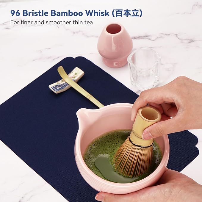 Matcha Whisk Set, Matcha Kit 10-Pcs, Bamboo Whisk and Bowl with Spout & Measuring Spoon & Cup, Japanese Matcha Tea Making Tools, Light Pink