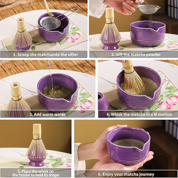 Matcha Set, 8-Piece Ceramic Matcha Bowl & Whisk Kit with Mushroom Pattern, Traditional Japanese Chawan, Bamboo Chasen, Scoop & Sifter, Gift for Tea Lovers, Zen Tea Ceremony Accessories (Purple;)