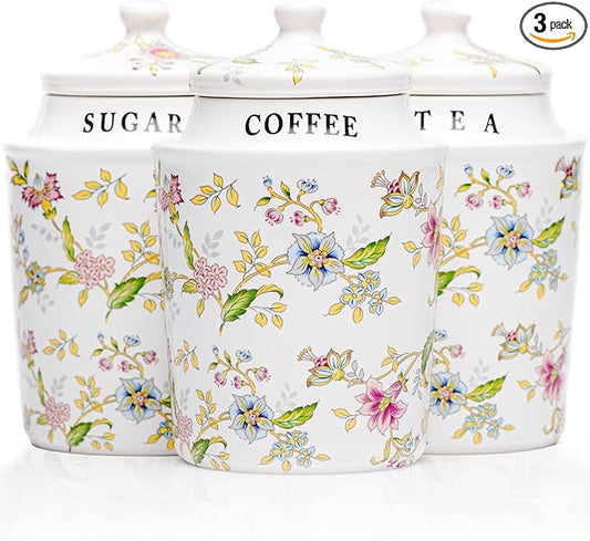 Small Coffee Tea Sugar Canister Set with Airtight Lids - Elegant Flower Kitchen Canisters Set of 3 Pantry Jars Containers - Decorative Ceramic Canister Set for Countertop or Coffee Bar - 13.5 Ounce