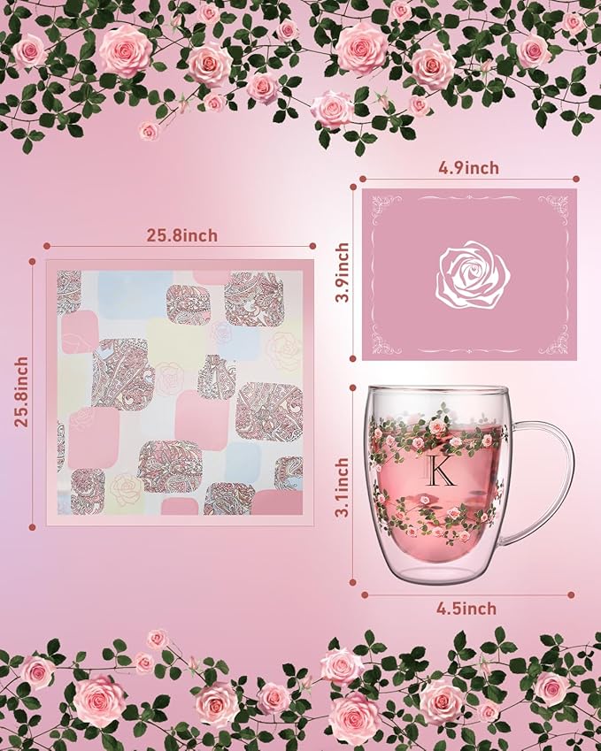Initial Glass Cup for Women, 12oz Rose Double Walled Glass Coffee Mugs, Personalized Gifts for Women, Initial Coffee Tea Mug with Scarf, Birthday Gifts for Her Mom Friend (ROSE-P)