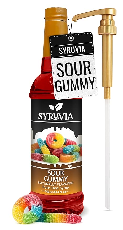 Syruvia Sour Gummy Flavored Syrup for Drinks, Cocktails, Lemonades, Iced Teas and Desserts – 25.4 fl oz, With Pump