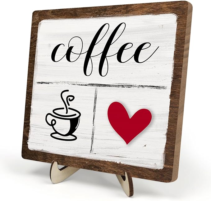 Vintage Coffee Bar Decor Sign,Rustic Wooden Plaque for Java Station, Kitchen,Cafe or Tea Corner, Funny Jave Gift for Coffee Lovers,Cute Heart Design Cafe Decor 5.9x5.9inch