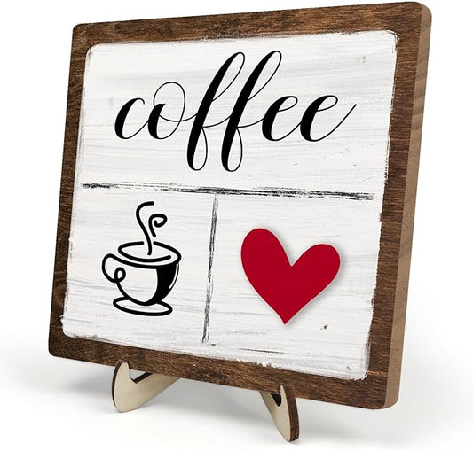 Vintage Coffee Bar Decor Sign,Rustic Wooden Plaque for Java Station, Kitchen,Cafe or Tea Corner, Funny Jave Gift for Coffee Lovers,Cute Heart Design Cafe Decor 5.9x5.9inch