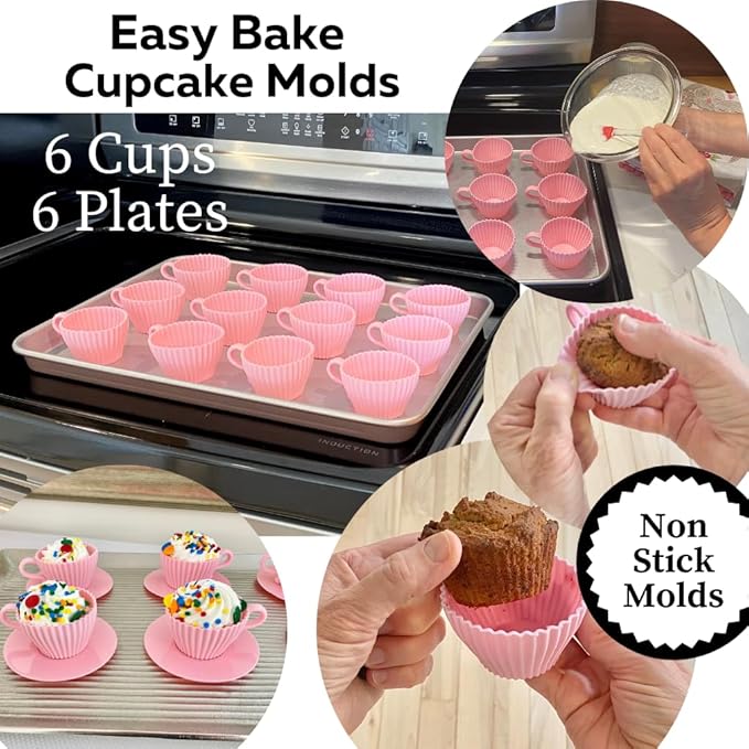 Evelots Baking Cupcake Molds - Silicone Teacup Set - 12 Pc Set - Oven-Safe - Nonstick - Muffin Cups for Bridal/Baby Shower, Birthday/Tea Party - 6 Cups & 6 Saucers - BPA Free