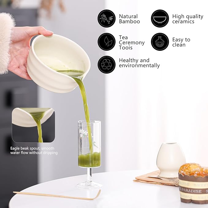 Matcha Tea Set – Traditional Japanese Ceremony Kit with 18.5OZ Ceramic Bowl, Bamboo Whisk, Scoop, and Holder – Ideal for Authentic Matcha Preparation and Gifting (Cream White)